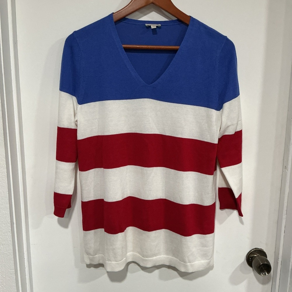Talbots Flag Stripe Sweater, Medium, Cotton, 3/4 Sleeves, USA, Patriotic